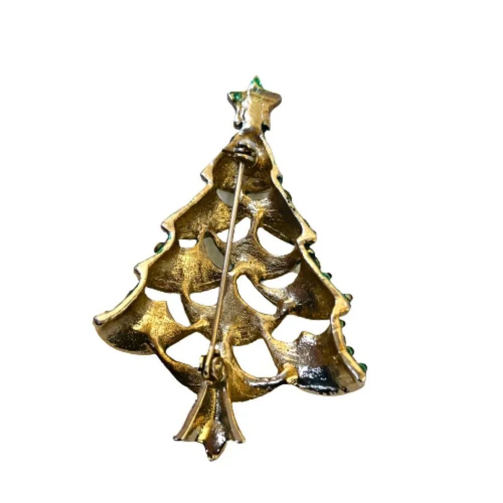 Vintage Christmas Tree Brooch Green Enamel Clear Rhinestones See Thru Cut-Outs
